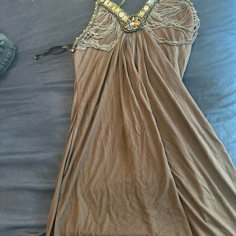 Sky Tan Gold Asymmetrical Halter Sundress